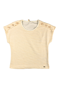 Blusa Feminina Listrada Gola Redonda com Botões na Manga Marialícia