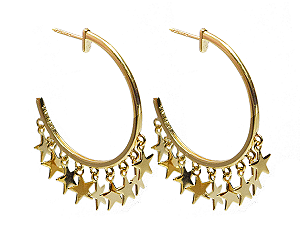 BB 2987 Brinco Meia Argola Fio 3cm c/ Estrelinhas Penduradas BRUNA Semijoias