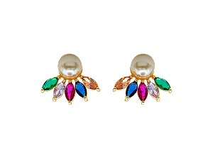 BB 3267 Brinco Leque Navetes Zirconia Colorida c/ Pérola 6mm BRUNA Semijoias