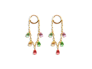 BB 3273 Brinco Argolinha Fio 1cm c/ Corrente e 5 Gotas Zirconia Colorida BRUNA Semijoias