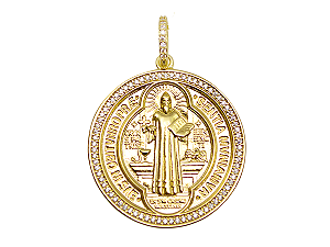 MB 1309 Medalha São Bento Cravejada Com Zirconias 3,5cm BRUNA Semijoias