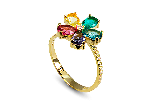 AB 1924 Anel Flor Cristal Colorida Com Aro Fino Cravejado Zirconias BRUNA Semijoias