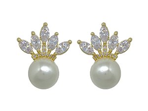 BB 2871 Brinco Pérola 10mm Com Coroa Navetes Zircõnias BRUNA Semijoias