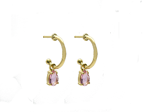BB 3033 Brinco Meia Argola 1,2CM Com Gotinha Pendurada Rosa BRUNA Semijoias