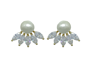 BB 2862 Brinco Leque Navetes Zirconia Cristal com Pérola 7mm BRUNA Semijoias