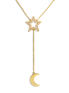 GB 0366 Gargantilha 40 P/ 45 CM Gravata Estrela Cravejada Com Lua Pendurada BRUNA Semijoias