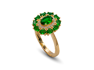 AB 1970 Anel Redondo Cravejado Zircônias Verde e Cristal 13mm BRUNA semi jóias