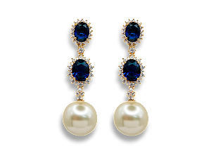 BB 3383 Brinco Duas Zircônias Oval Azul Cravejada(9/13mm) Com Pérola 14mm Pendurada BRUNA Semi Jóias