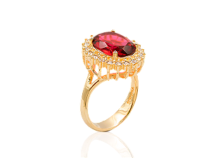 AB 1993 Anel Zircônia Oval Fúcsia 18mm Com Zircônias Cristal BRUNA Semijóias