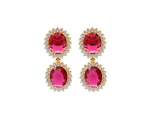 BB 3401 Brinco Zircônia Oval Fúcsia Fixa+Pendurada 18mm c/ Zircônias Cristal BRUNA Semijóias
