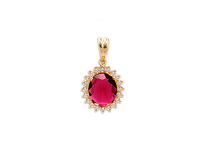 MB 1360 Medalha Pedra Oval Fúcsia Com Zircônias 2cm BRUNA Semijóias