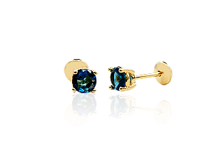 BB 3391 Brinco Infantil Solitário Zircônia Azul Escuro 4mm Tarraxa Baby BRUNA Semijóias