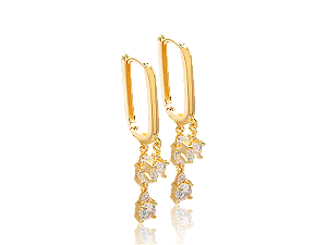 BB 3393 Brinco Argola Retangular Com 3 Zirconias Pendurado BRUNA Semijoias