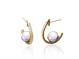 BB 3364 Brinco Meia Argola Cravejada Com Pérola 8mm BRUNA Semijoias