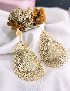 BV 4258 Maxi Brinco Rendado Diamantado Gota (6x4cm) Yellow Semijóias