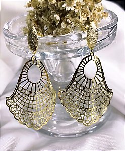 BV 4259 Maxi Brinco Leque Rendado Diamantado(6cm) Yellow Semijóias