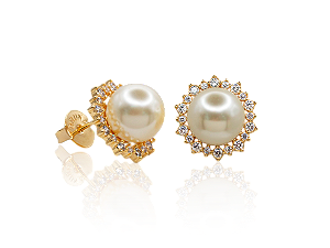 BB 3351 Brinco Flor Pérola(12mm) c/ Zircônias BRUNA Semijóias