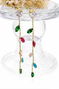 BQC2740 Brinco Correntinha Com Ponto De Luz + Pedrinhas Coloridas QUALITÁ Semijoias