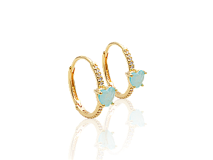 BB 3375 Brinco Argola Cravejada 1,8cm Com Coração Azul No Meio BRUNA Semijoias