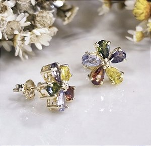 BF 0227 Brinco Flor Zircônias Coloridas (1cm) MD Folheados