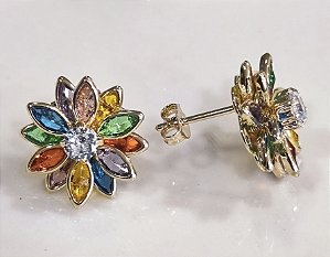 BF 0460 Brinco Flor Pétalas Navetes Coloridas (1cm) MD Folheados