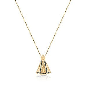 GF 0646G Gargantilha Veneziana 45CM Com Nossa Senhora Aparecida Com Zirconia Azul 2,6CM MD Folheados