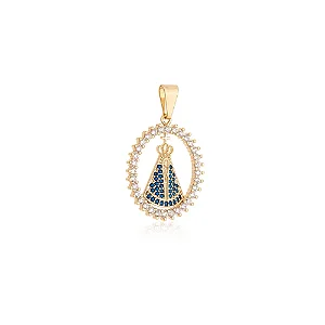 MF 0509 Medalha Oval Cravejada na Volta Com Nossa Senhora Aparecida Manto Azul 2,5CM MD Folheados