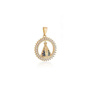 MF 0509 Medalha Redondo Cravejada na Volta Com Nossa Senhora Aparecida Manto Azul 2CM MD Folheados