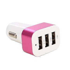 Carregador Veicular com 3 Portas USB - Rosa