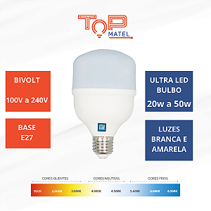 Lâmpadas LED 20W, 30W, 40W, 50W Super Bulbo T Ultraluz Bivolt Econômica Branca Fria/Quente E27