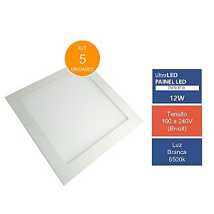 Kit 5 Painéis Plafon Luminária Led Embutir Quadrado Teto 12W 6500K Luz Branca
