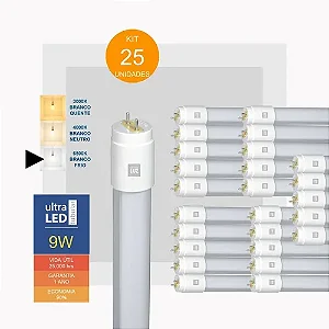 Kit 25 Lâmpadas Led Tubular 9w 60cm T8 Branco Frio 6500k