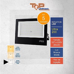 Kit 5 Unidades Refletores Holofote LED 200W Branco Frio 6500K Bivolt - Ultraluz