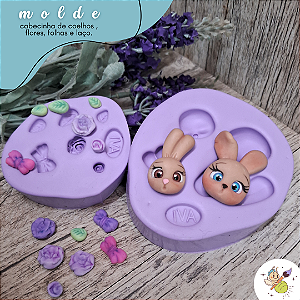 Molde cabecinha de coelhos, flores, folha e laço