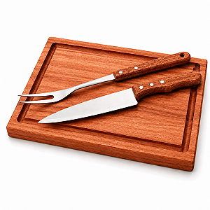 Kit Churrasco 3 Peças Faca Garfo Inox E Tábua Madeira Para Churrasco Essence