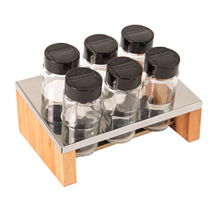 Kit Porta Tempero Condimentos Cozinha - Suporte com 6 Potes em Vidro Essence