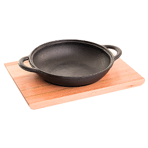 Bandeja de Ferro Fundido com Base de Madeira 30x23cm – Rechaud / Chapa para Servir