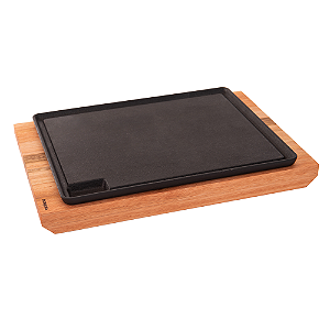 Chapa de Ferro Fundido Rechaud 28x23cm com Base de Madeira para Carnes