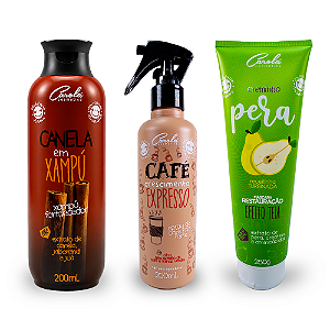 Crescimento e força ( kit Café Expresso 200ml + Canela em Xampú 200ml + Pêra Creminho Reconstrução 280gr)