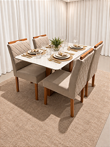 Mesa de Jantar Larissa 120x90 Vidro Off/Base Madeira + 4 Cad. Tula Dupla - Veludo Bege