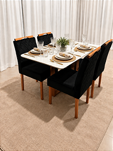 Mesa de Jantar Larissa 120x90 Vidro Off/Base Madeira + 4 Cad. Tula Dupla - Veludo Preto