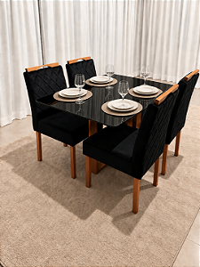 Mesa de Jantar Larissa 120x90 Vidro Preto/Base Madeira + 4 Cad. Tula Dupla - Veludo Preto