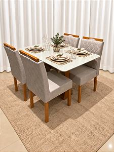 Mesa de Jantar Larissa 120x90 Vidro OffWhite/Base Madeira + 4 Cad. Tula Dupla - Linho Cinza