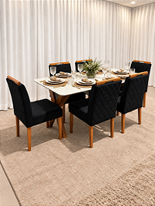 Mesa de Jantar Jasmine 160x90 Vidro Off/Base Madeira + 6 Cad. Tula Dupla - Veludo Preto