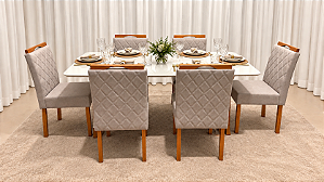 Mesa de Jantar Jasmine 160x90 Vidro Off/Base Madeira + 6 Cad. Tula Dupla - Linho Cinza