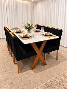 Mesa de Jantar Jasmine 180x90 Vidro Off/Base Madeira + 6 Cad. Tula Dupla - Veludo Preto