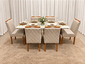 Mesa de Jantar Jasmine 180x90 Vidro Off/Base Madeira + 6 Cad. Tula Dupla - Veludo Bege