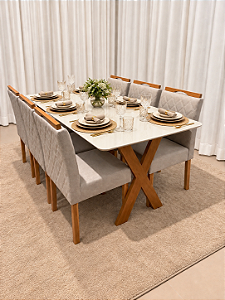 Mesa de Jantar Jasmine 180x90 Vidro Off/Base Madeira + 6 Cad. Tula Dupla - Linho Cinza