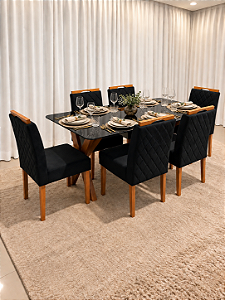 Mesa de Jantar Jasmine 160x90 Vidro Preto/Base Madeira + 6 Cad. Tula Dupla - Veludo Preto