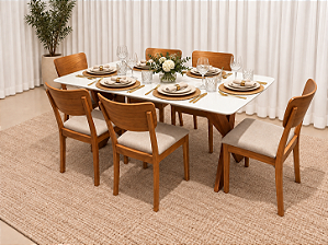 Mesa de Jantar Jasmine 160x90 Vidro Off/Base Madeira + 6 Cad. Luana Encosto de Madeira Maciça - Linho Bege